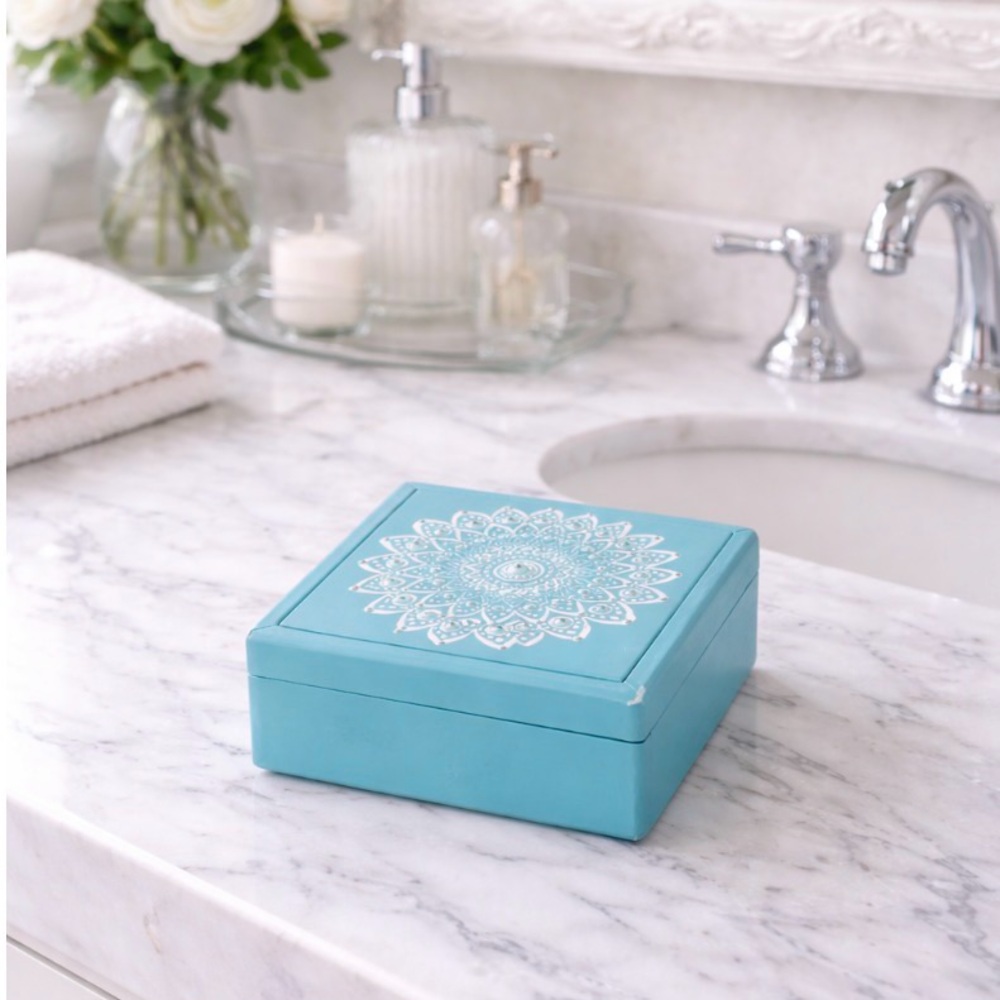 Custom Mandelala, turquoise and whites on a wooden box